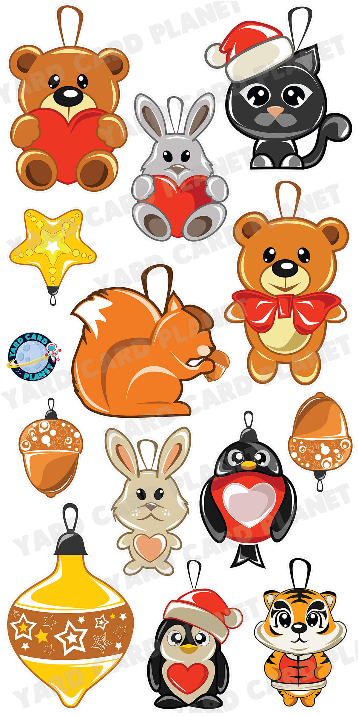 Cute Animals Christmas Ornaments Yard Card Flair Set