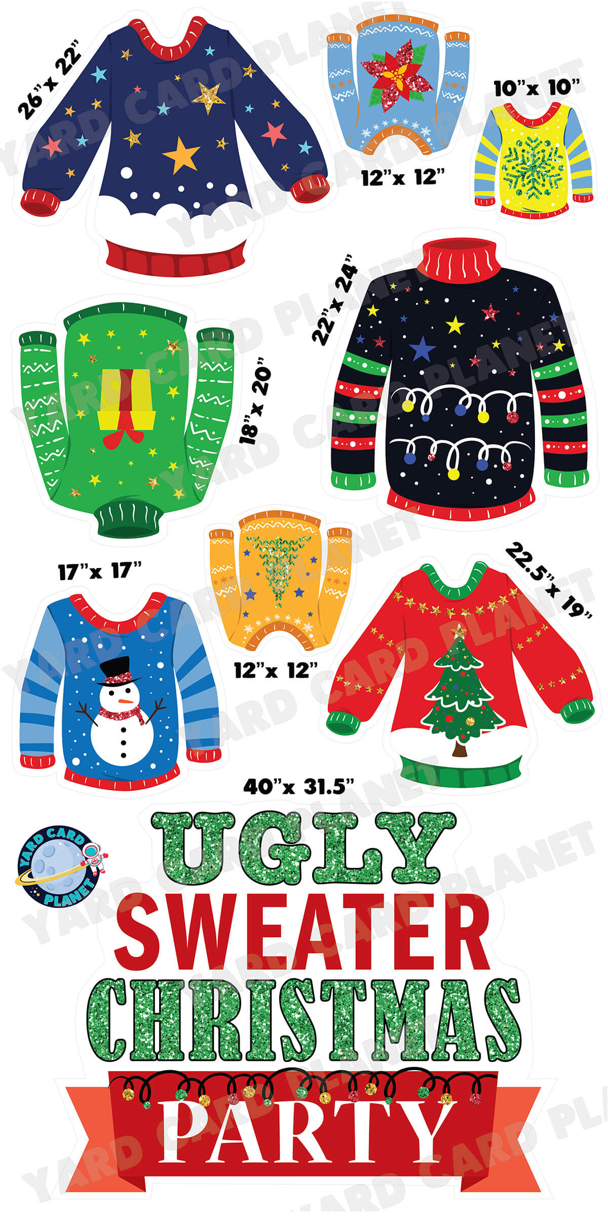 Ugly Sweater Christmas Party EZ Quick Sign and Yard Card Flair Set with Measurements