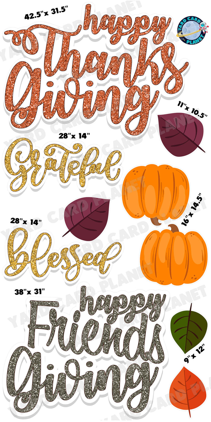 Glitter Pattern Happy Thanksgiving and Happy Friendsgiving EZ Quick Signs and Yard Card Flair Set with Measurements