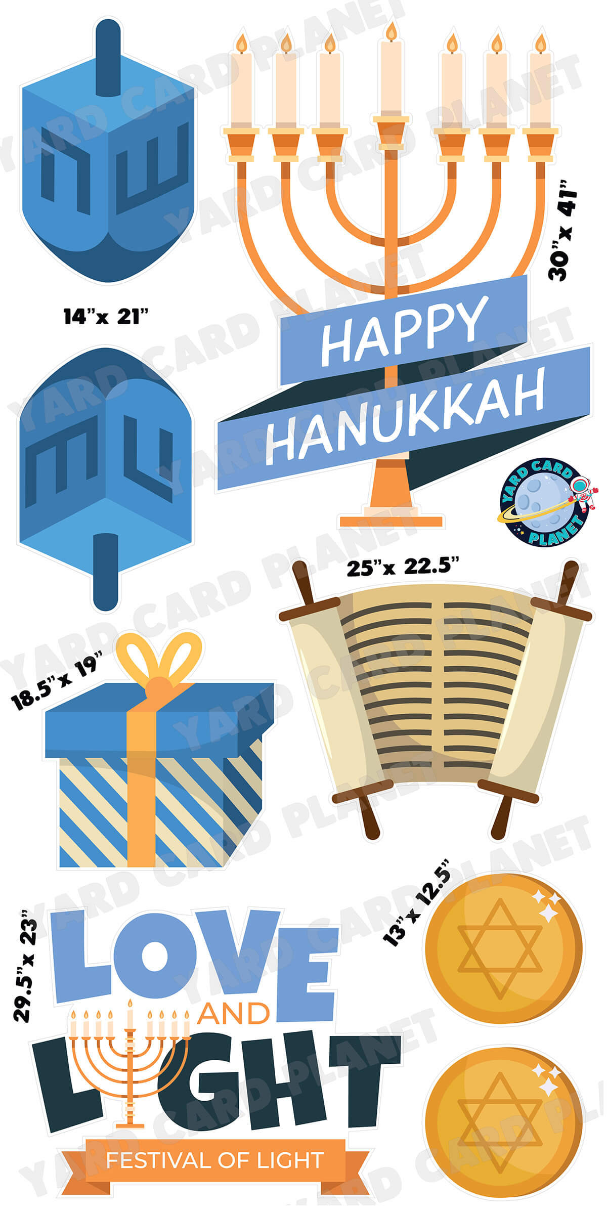 Happy Hanukkah Love and Light Signs and Yard Card Flair Set with Measurements