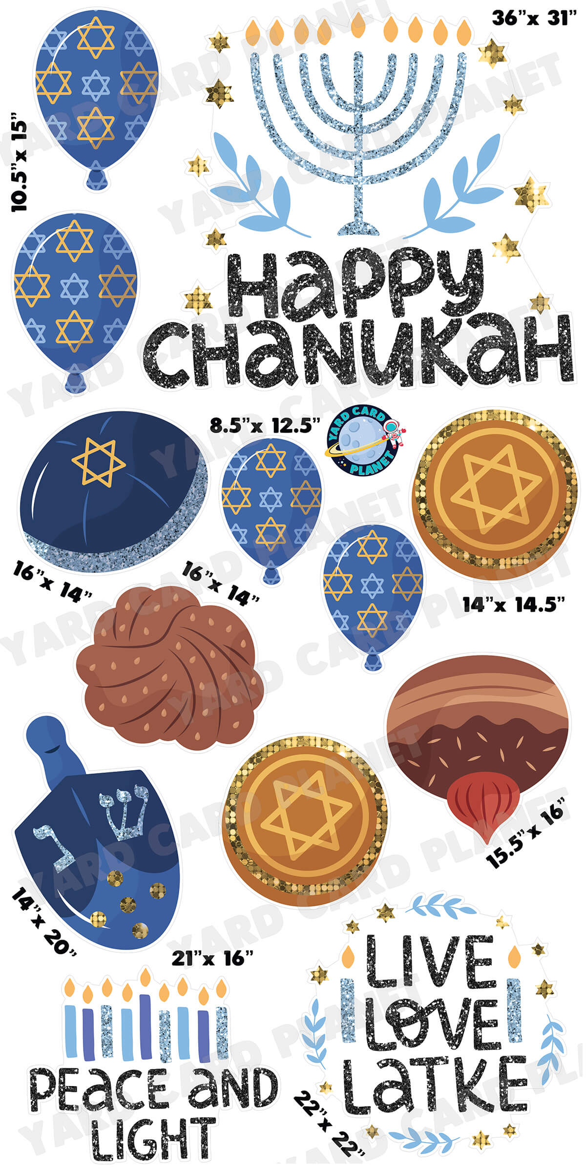 Happy Chanukah Signs and Yard Card Flair Set with Measurements