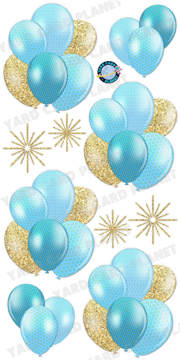 Gold Glitter Pattern Happy Hanukkah Stars of David Balloon Bouquets and Starbursts Yard Card Set