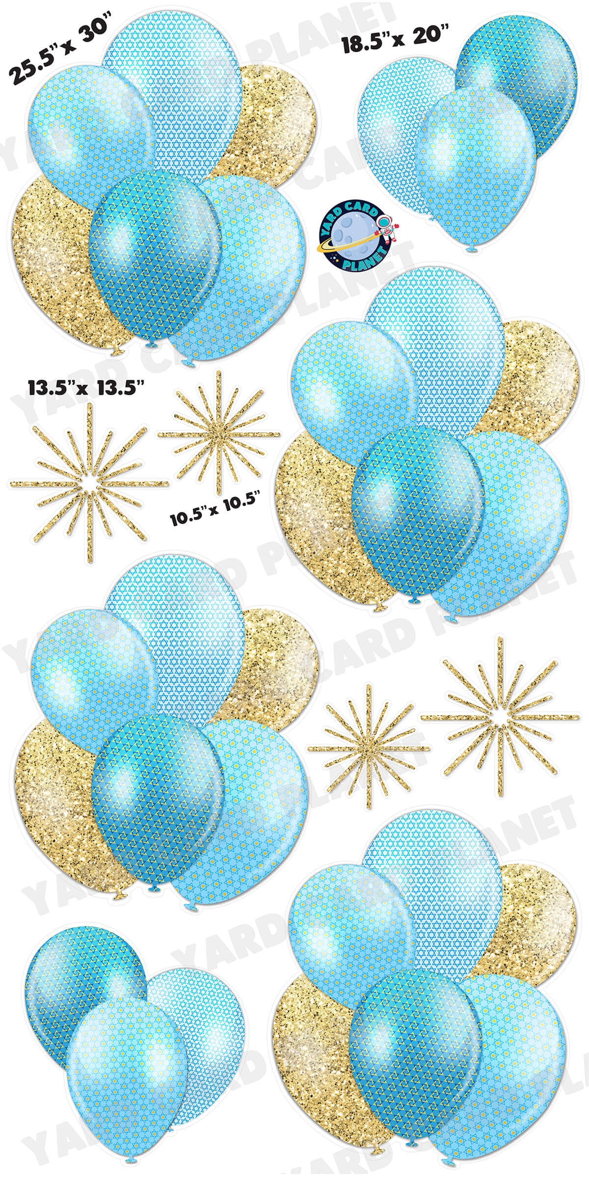 Gold Glitter Pattern Happy Hanukkah Stars of David Balloon Bouquets and Starbursts Yard Card Set with Measurements