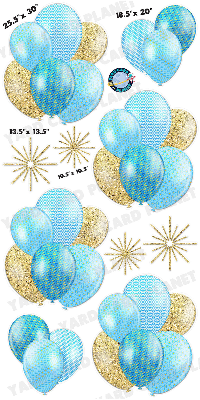 Gold Glitter Pattern Happy Hanukkah Stars of David Balloon Bouquets and Starbursts Yard Card Set with Measurements