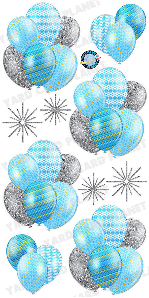 Silver Glitter Pattern Happy Hanukkah Stars of David Balloon Bouquets and Starbursts Yard Card Set