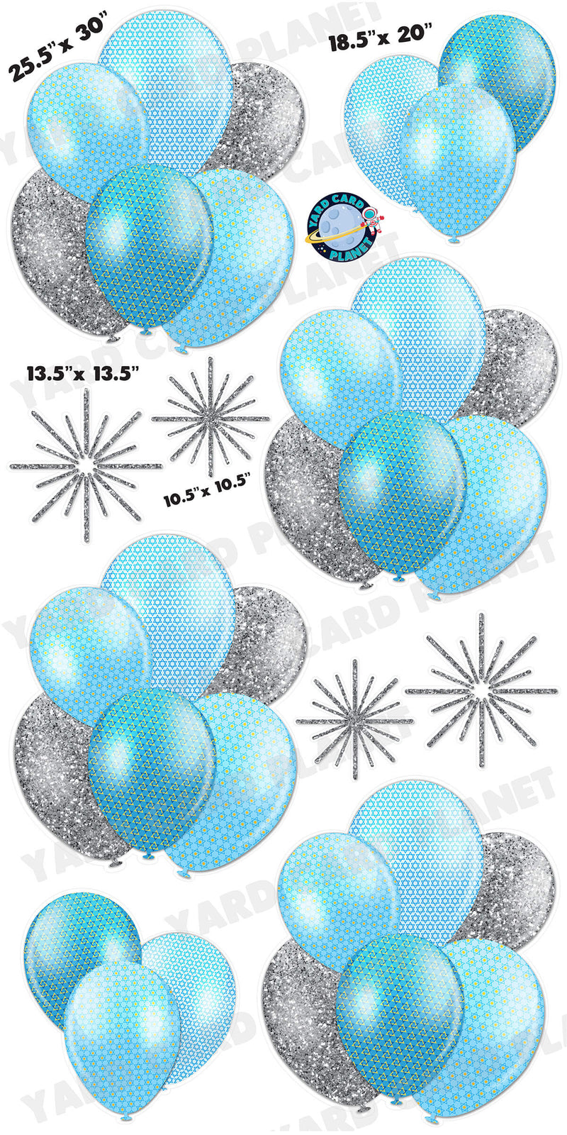 Silver Glitter Pattern Happy Hanukkah Stars of David Balloon Bouquets and Starbursts Yard Card Set with Measurements