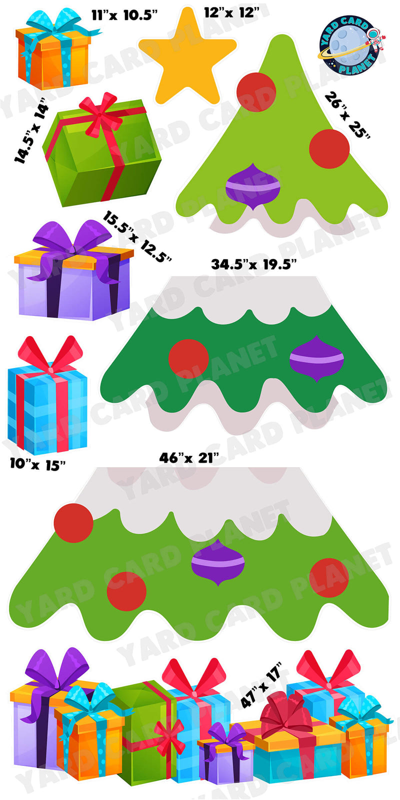 Big Colorful Christmas Tree EZ Quick Set and Gifts Yard Card Flair Set with Measurements