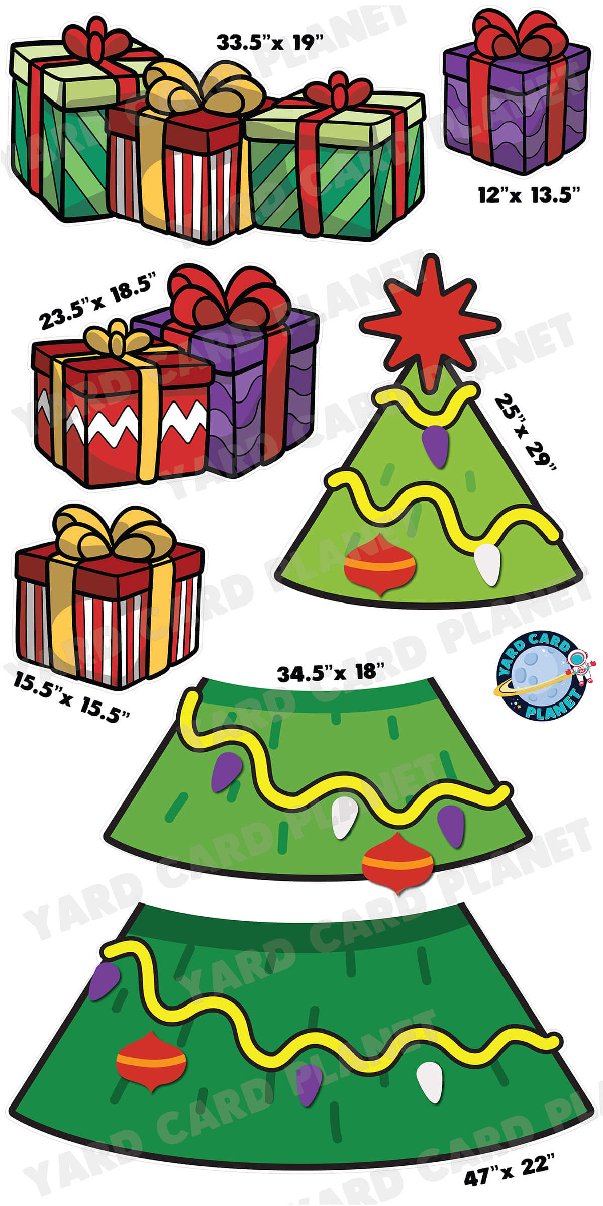 Big Festive Christmas Tree EZ Quick Set and Gifts Yard Card Flair Set with Measurements