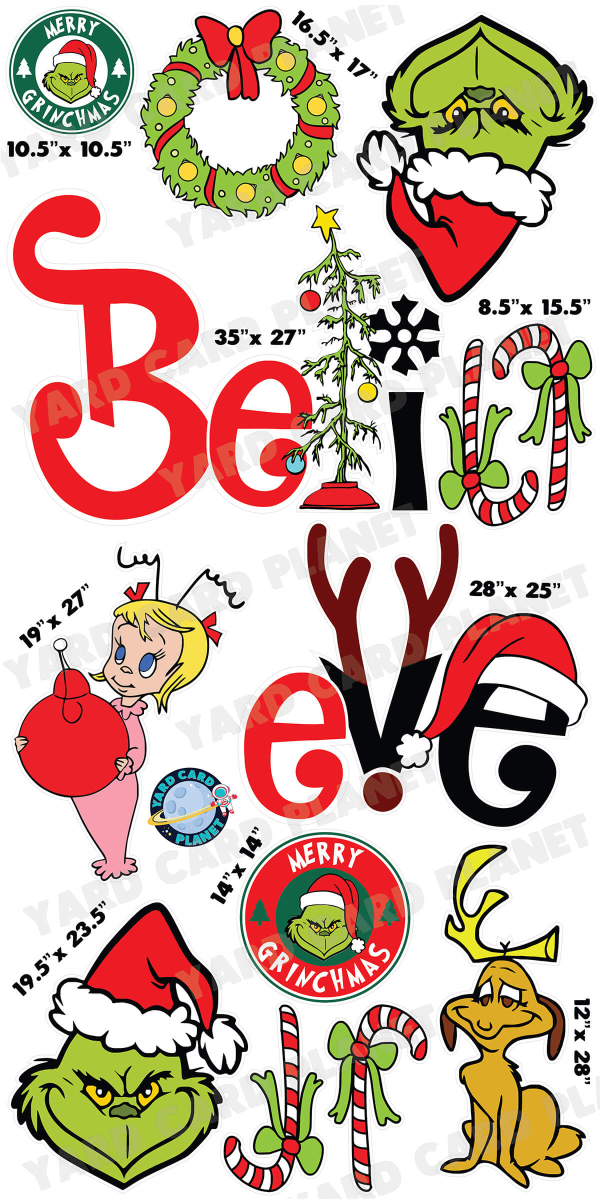 Merry Grinchmas Believe EZ Quick Set and Grinch Christmas Yard Card Flair Set with Measurements