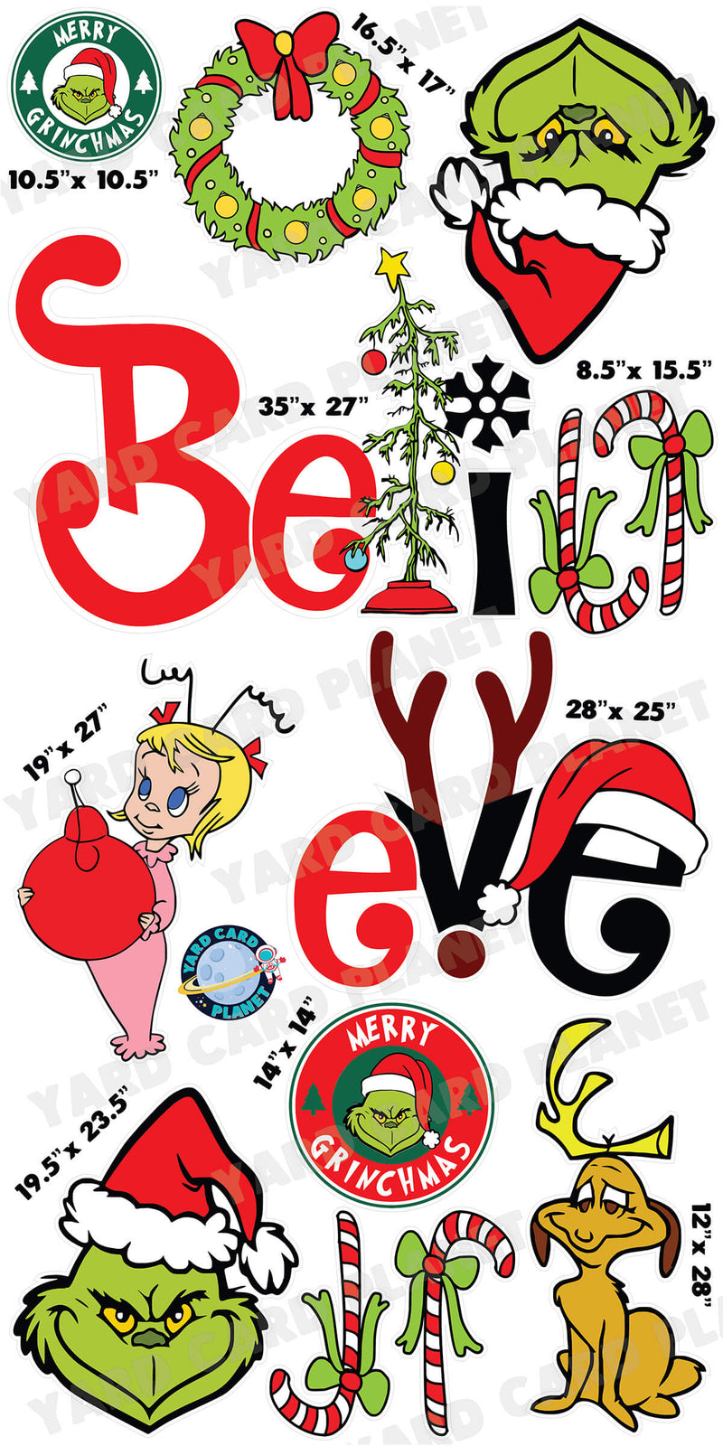 Merry Grinchmas Believe EZ Quick Set and Grinch Christmas Yard Card Flair Set with Measurements