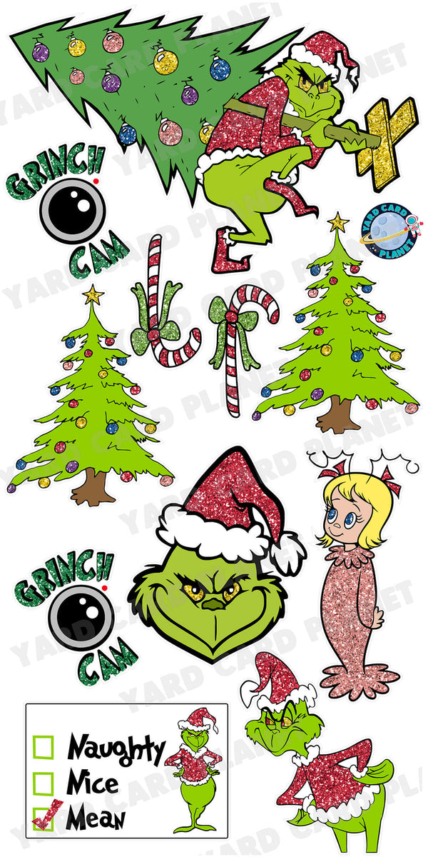 Glitter Pattern Grinch Christmas Yard Card Flair Set
