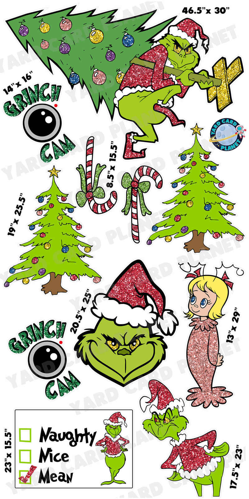 Glitter Pattern Grinch Christmas Yard Card Flair Set with Measurements
