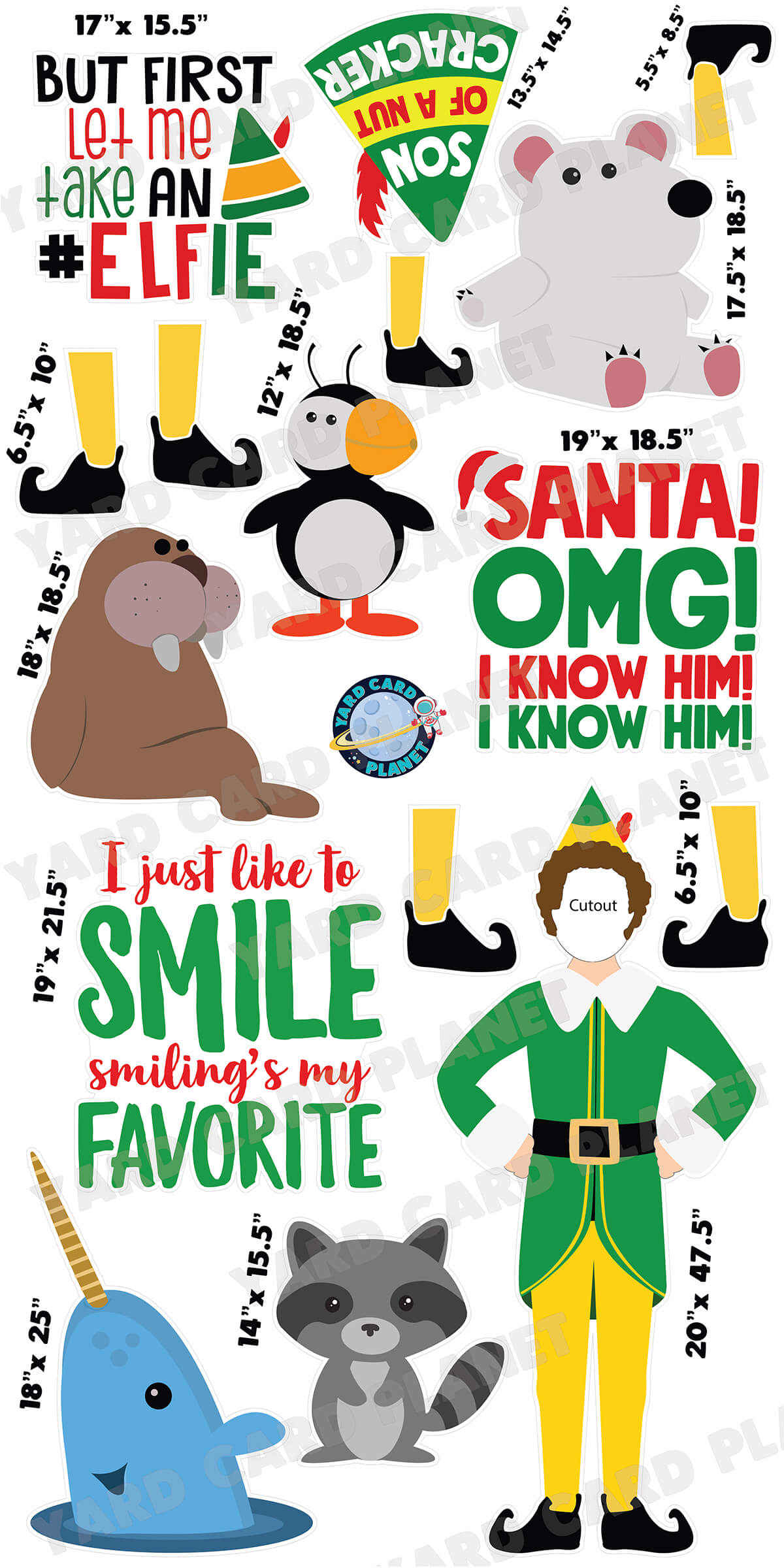 Elf Christmas with Buddy the Elf Cutout, Signs and Yard Card Flair Set with Measurements