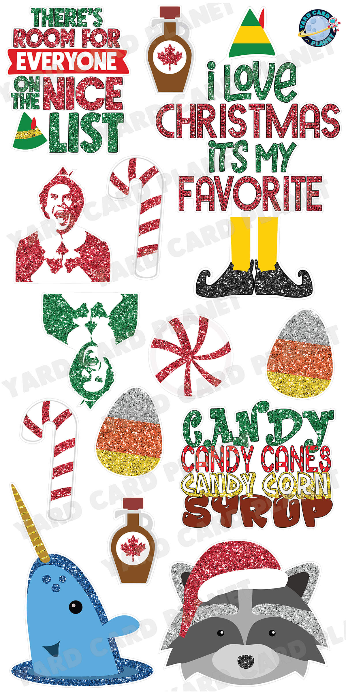 Glitter Pattern Elf Movie Christmas Signs and Yard Card Flair Set