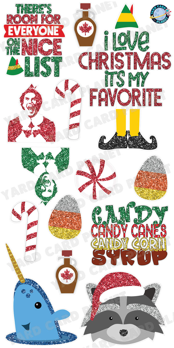Glitter Pattern Elf Movie Christmas Signs and Yard Card Flair Set