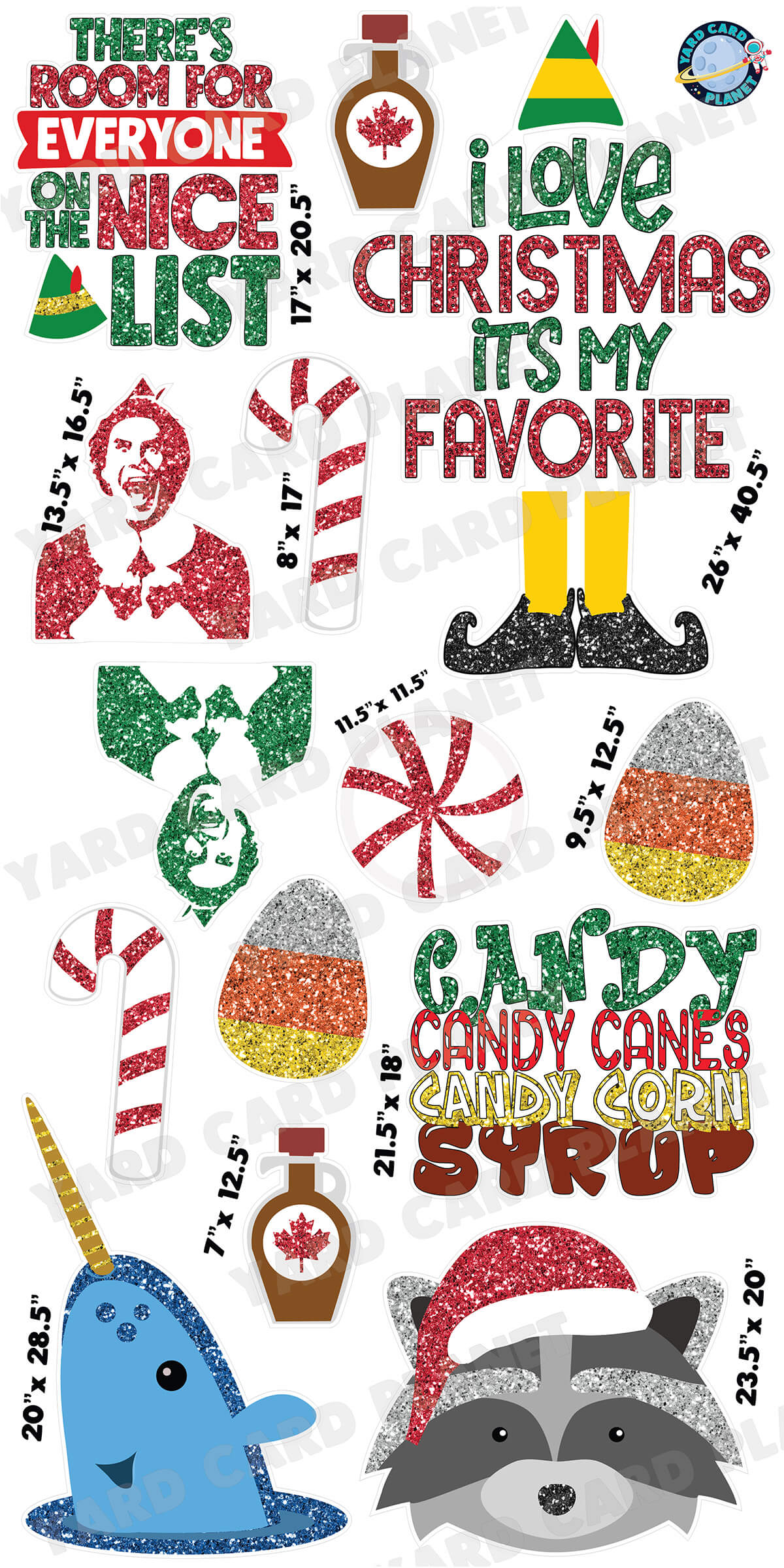 Glitter Pattern Elf Movie Christmas Signs and Yard Card Flair Set with Measurements