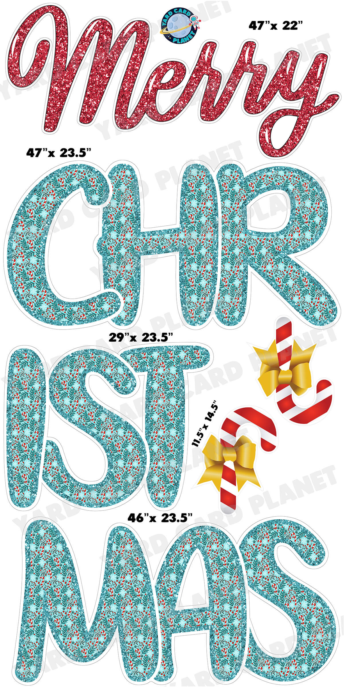 Glitter Pattern Candy Cane Merry Christmas EZ Quick Set and Yard Card Flair Set with Measurements