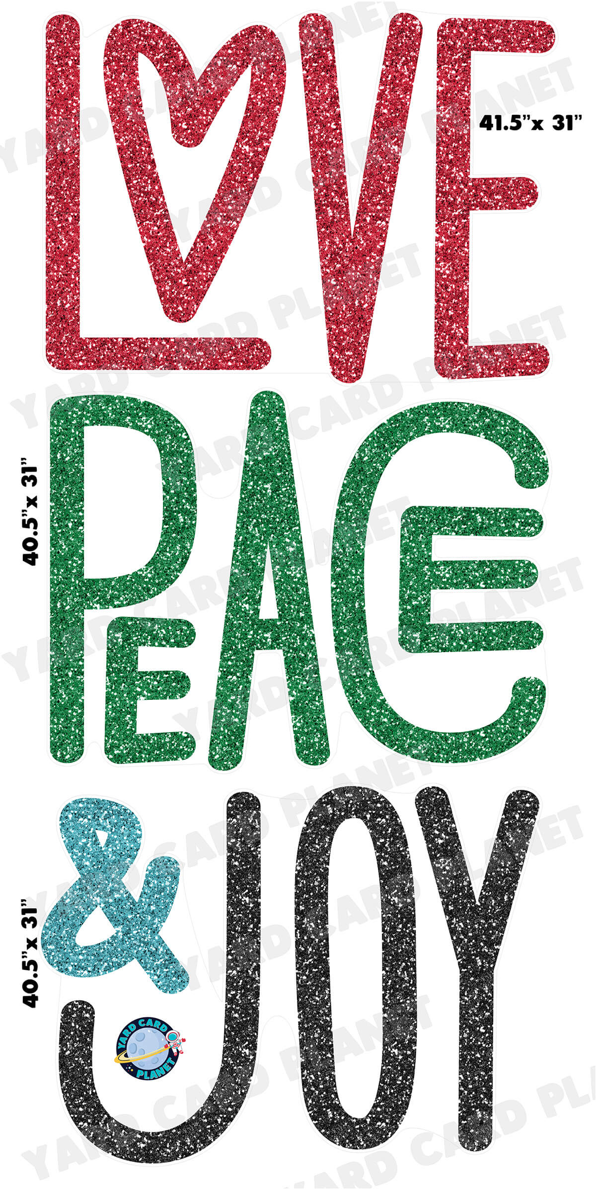 Glitter Pattern Love, Peace and Joy EZ Quick Yard Card Set with Measurements