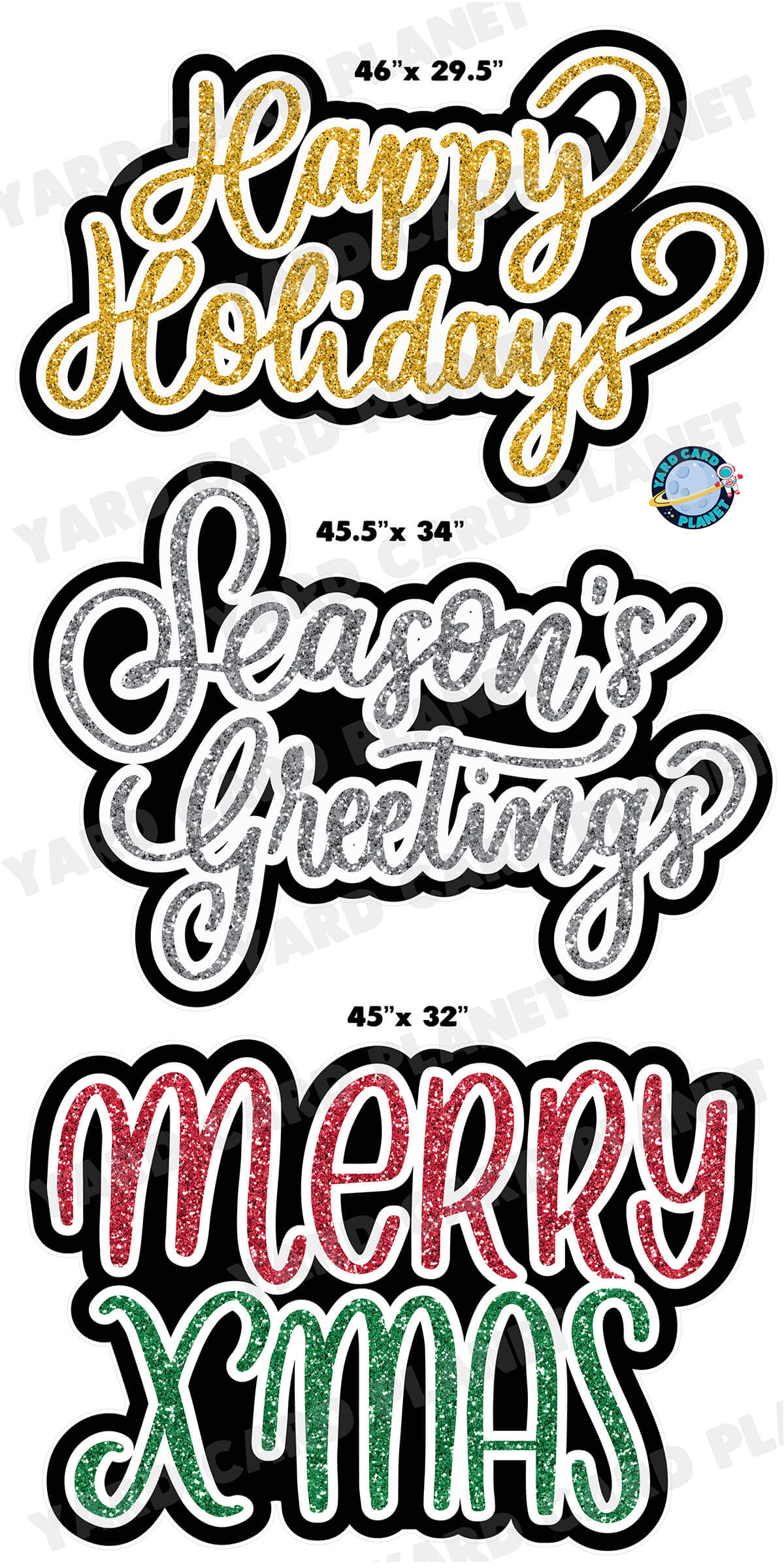 Glitter Pattern Happy Holidays, Season's Greetings and Merry X MAS EZ Quick Signs Yard Card Set with Measurements