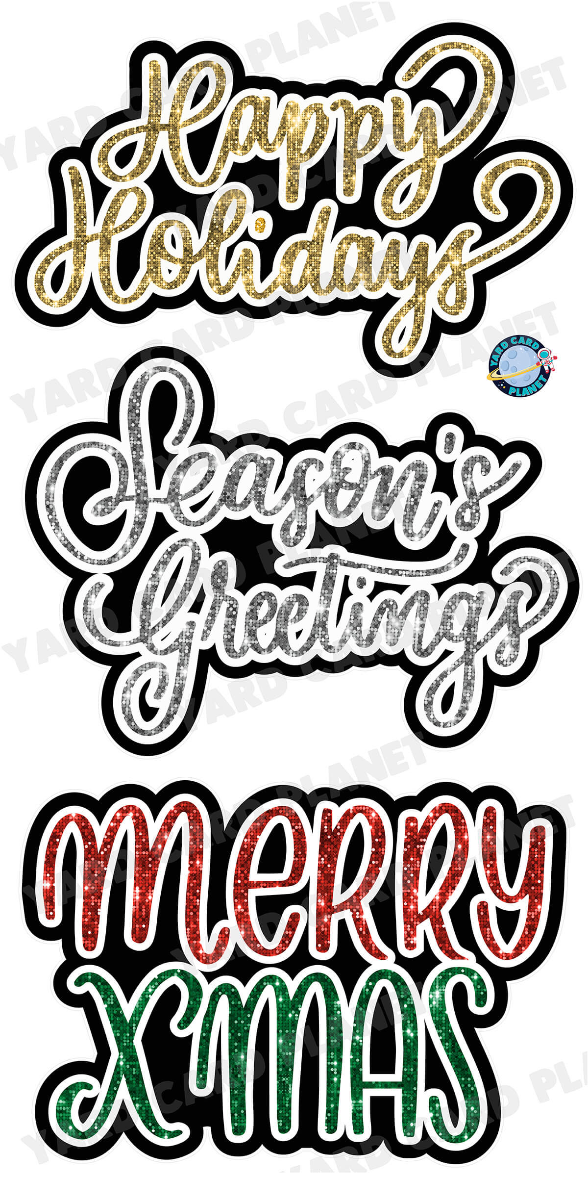 Sequin Pattern Happy Holidays, Season's Greetings and Merry X MAS EZ Quick Signs Yard Card Set