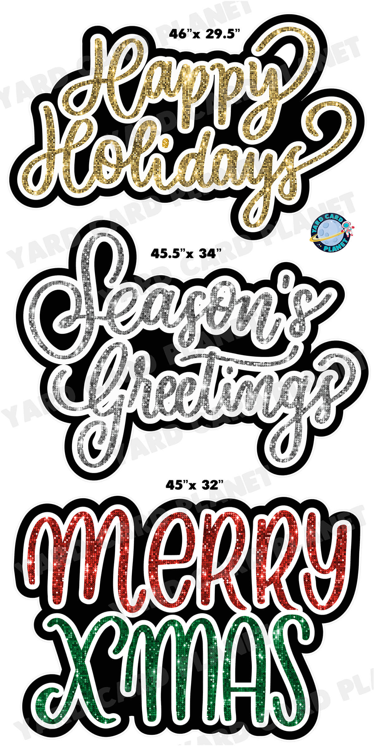 Sequin Pattern Happy Holidays, Season's Greetings and Merry X MAS EZ Quick Signs Yard Card Set with Measurements