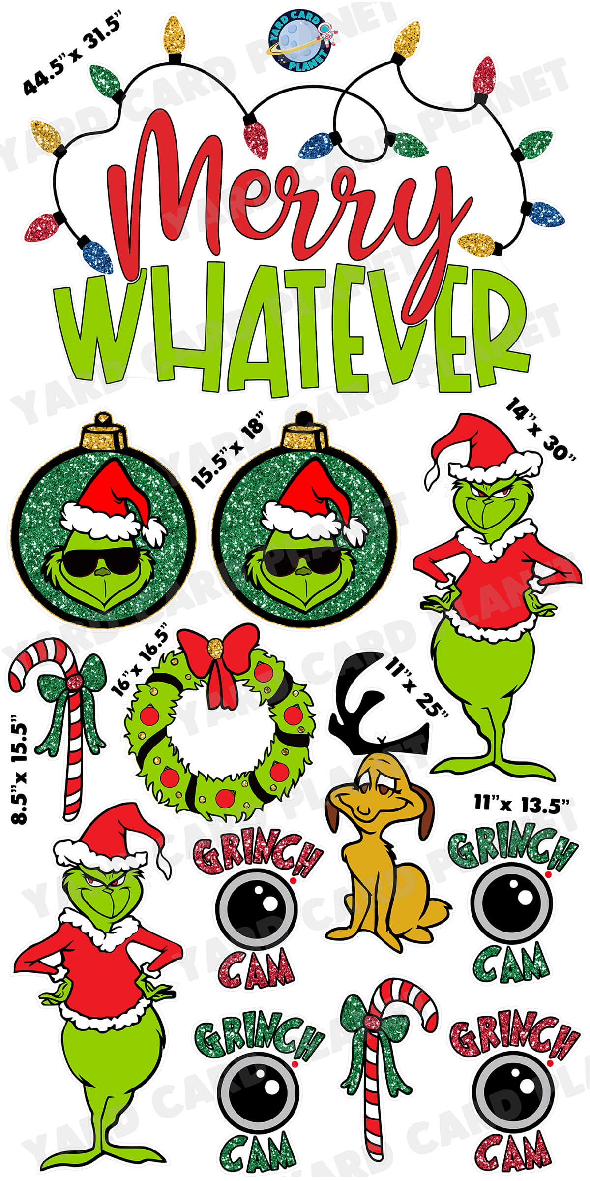 Merry Whatever EZ Quick Sign and The Grinch Christmas Yard Card Flair Set with Measurements