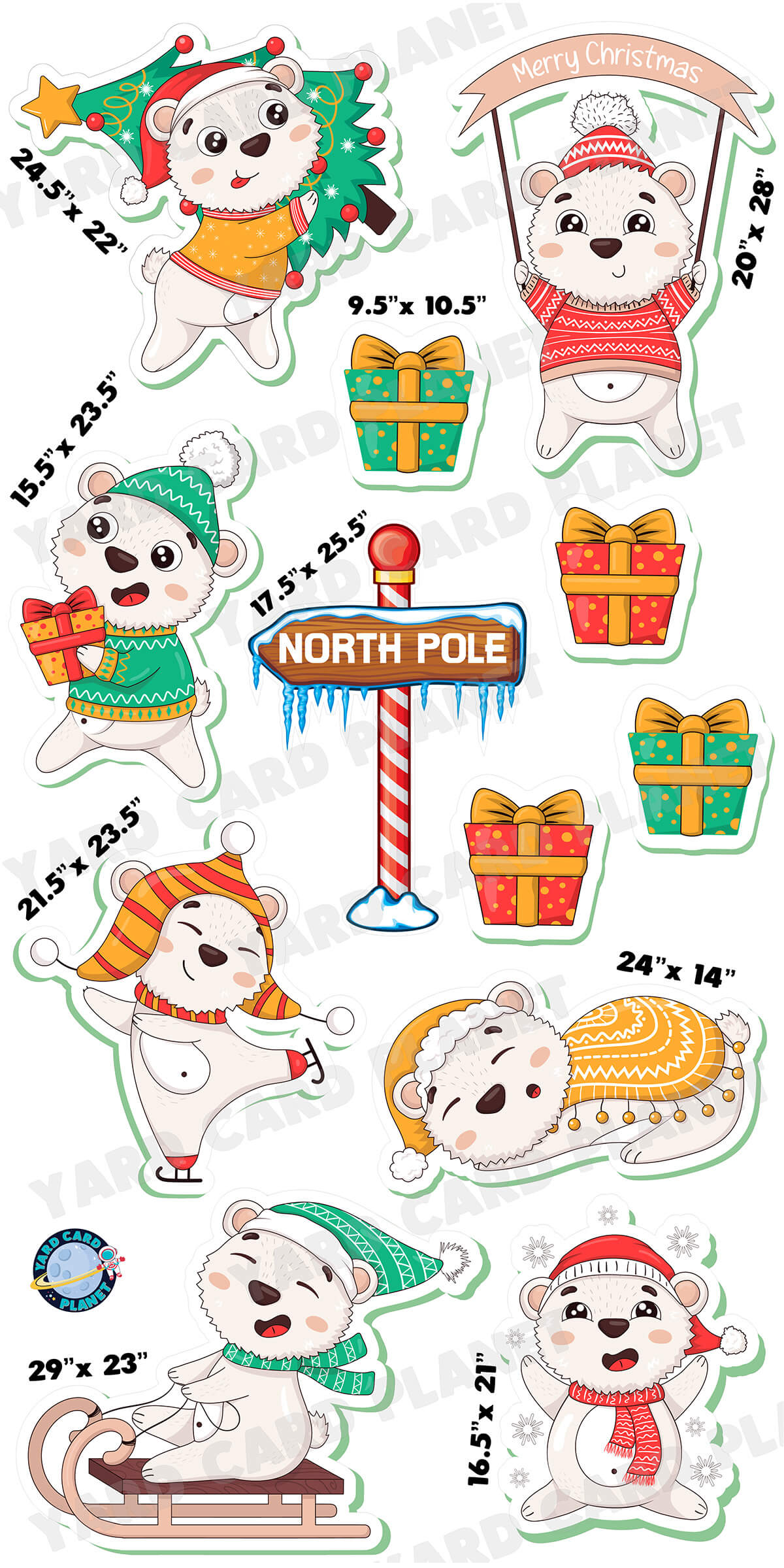 Cute Merry Christmas Polar Bears Yard Card Flair Set with Measurements