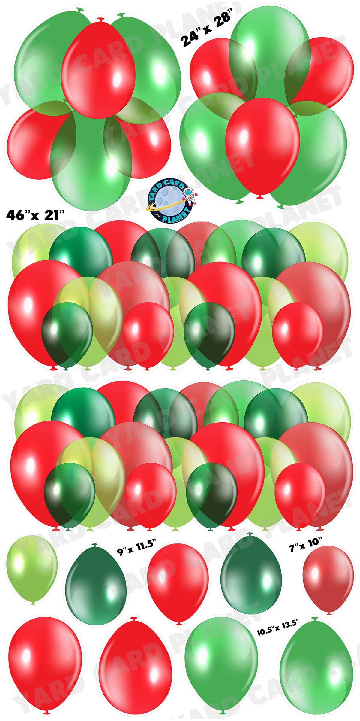 Christmas Red and Green Balloon Panels, Bouquets and Singles Yard Card Set with Measurements