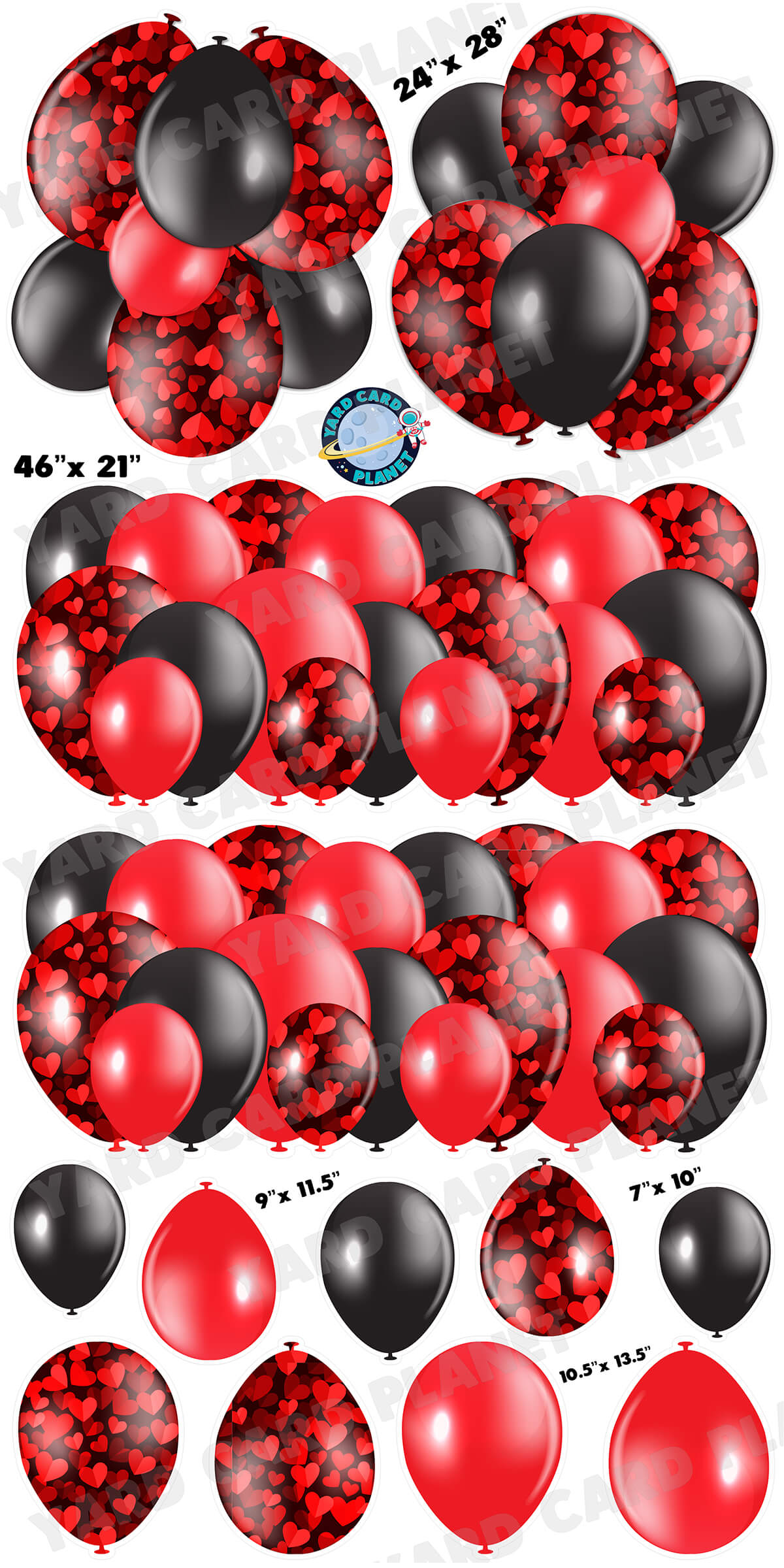 Valentine Hearts Pattern Red and Black Balloon Panels, Bouquets and Singles Yard Card Set with Measurements