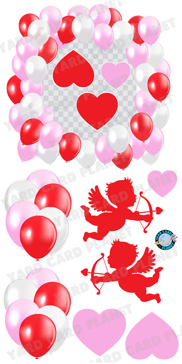 Hearts and Cupid Valentine Balloons Photo Frame and Bouquets Yard Card Set