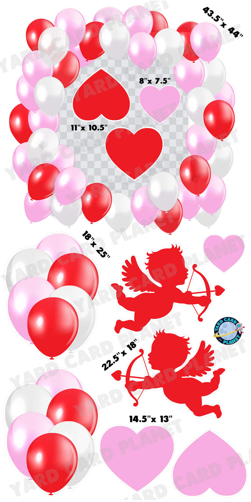 Hearts and Cupid Valentine Balloons Photo Frame and Bouquets Yard Card Set with Measurements