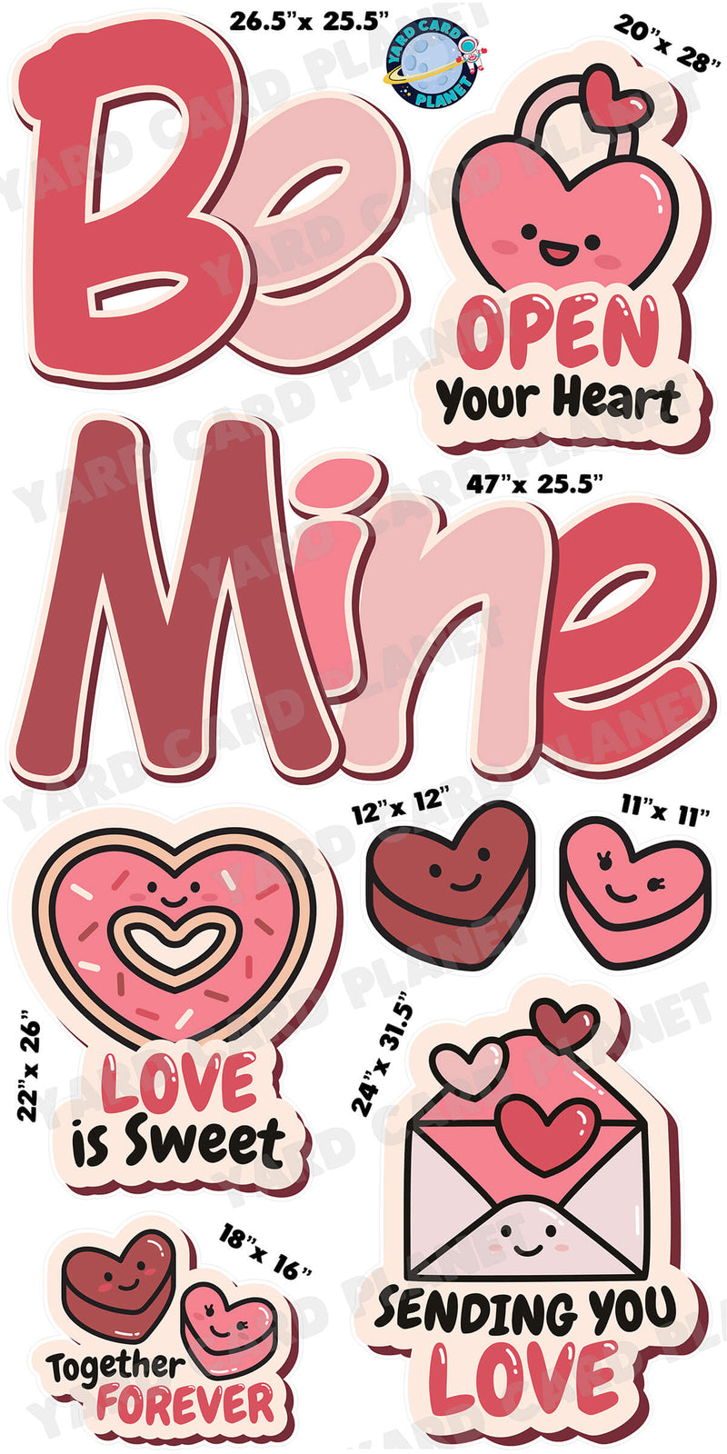 Be Mine EZ Quick Set with Heart Signs Yard Card Flair Set with Measurements