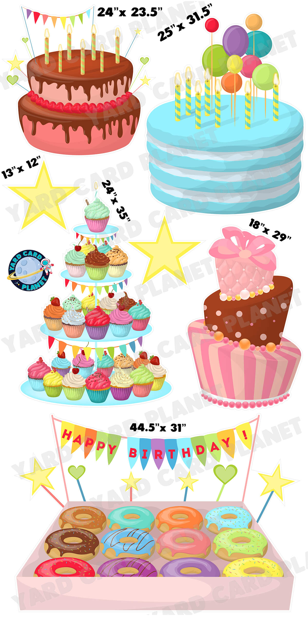 Birthday Cakes, Cupcakes and Donuts Yard Card Flair Set with Measurements