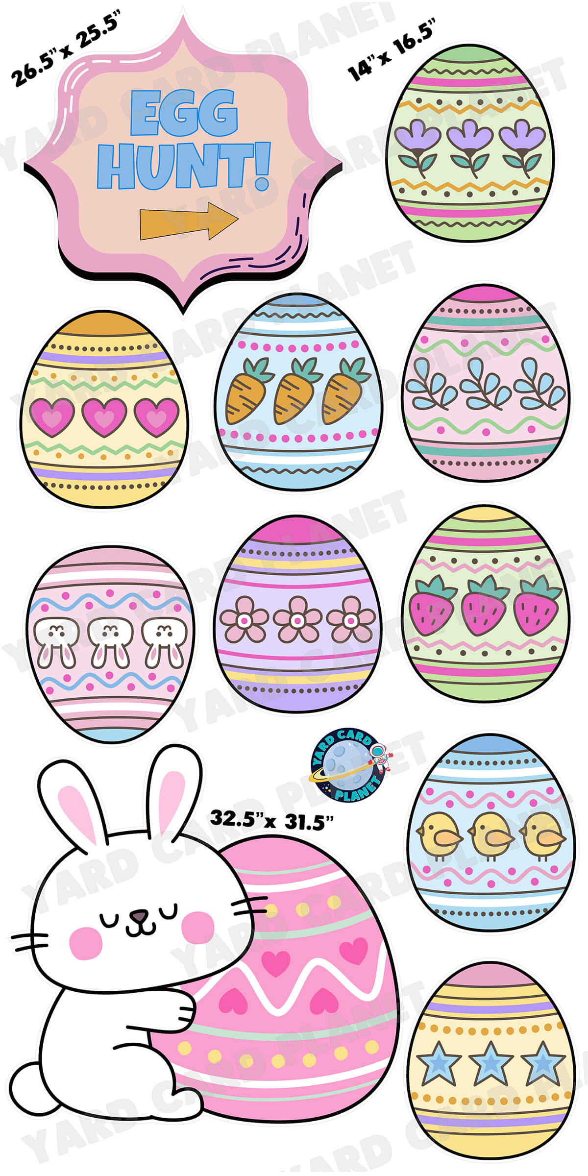 Pastel Easter Egg Hunt Sign with Easter Eggs and Bunny Yard Card Flair Set with Measurements