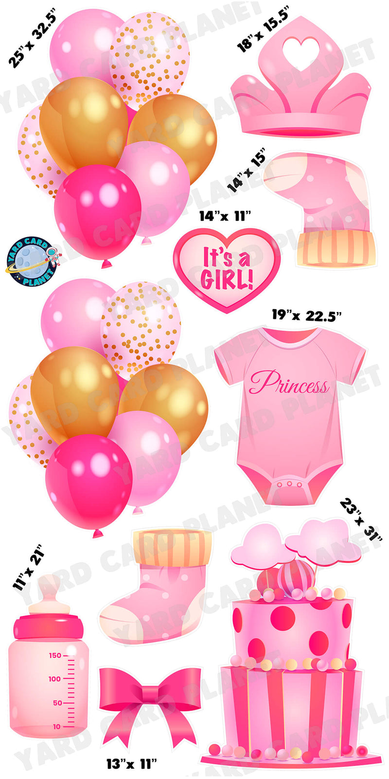 Baby Girl Birthday Yard Card Flair Set with measurements