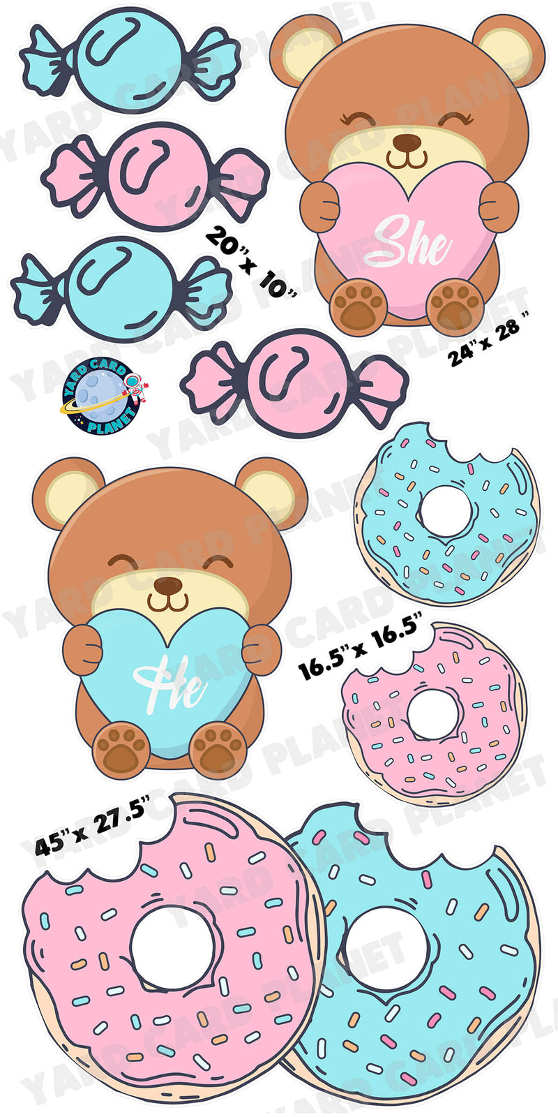 Boy or Girl Donuts and Bears Baby Reveal Yard Card Flair Set with measurements