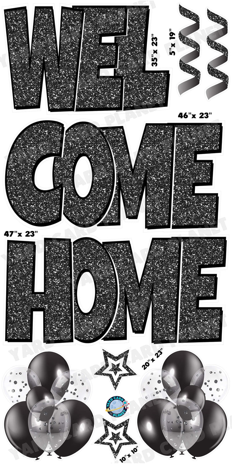 Large 23" Welcome Home Yard Card EZ Quick Sets in Luckiest Guy Font and Flair in Black Glitter Pattern
