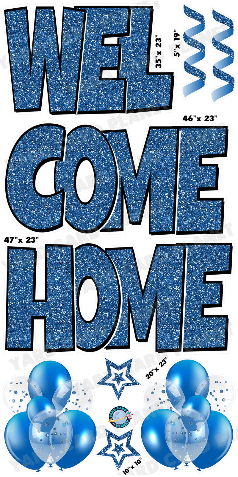 Large 23" Welcome Home Yard Card EZ Quick Sets in Luckiest Guy Font and Flair in Blue Glitter Pattern