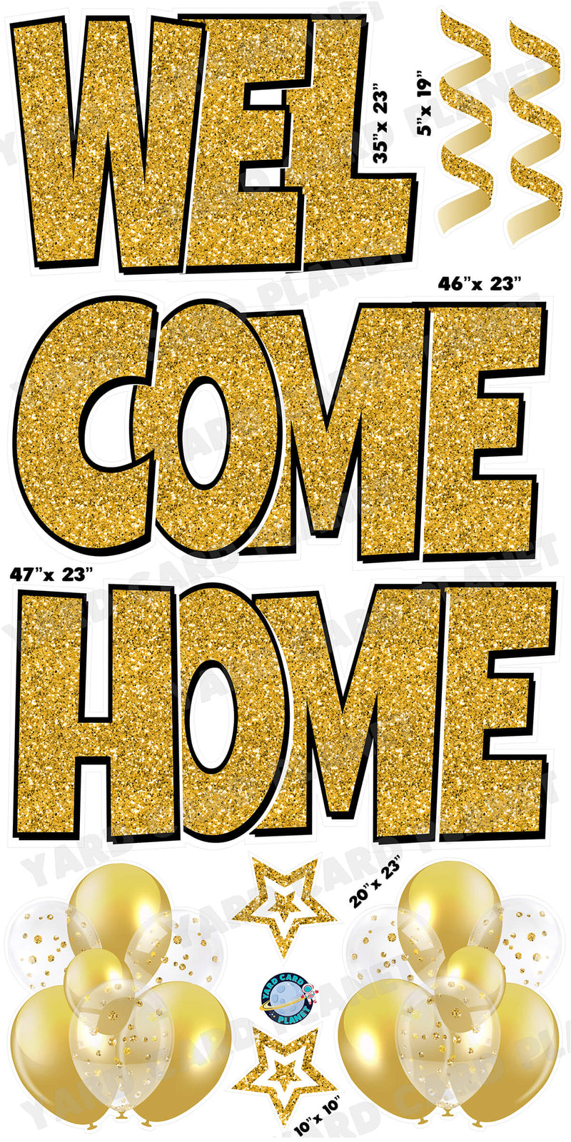 Large 23" Welcome Home Yard Card EZ Quick Sets in Luckiest Guy Font and Flair in Gold Glitter Pattern