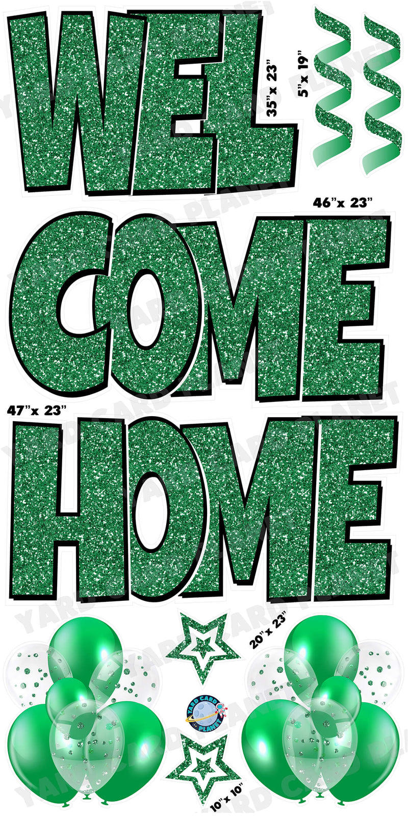 Large 23" Welcome Home Yard Card EZ Quick Sets in Luckiest Guy Font and Flair in Green Glitter Pattern