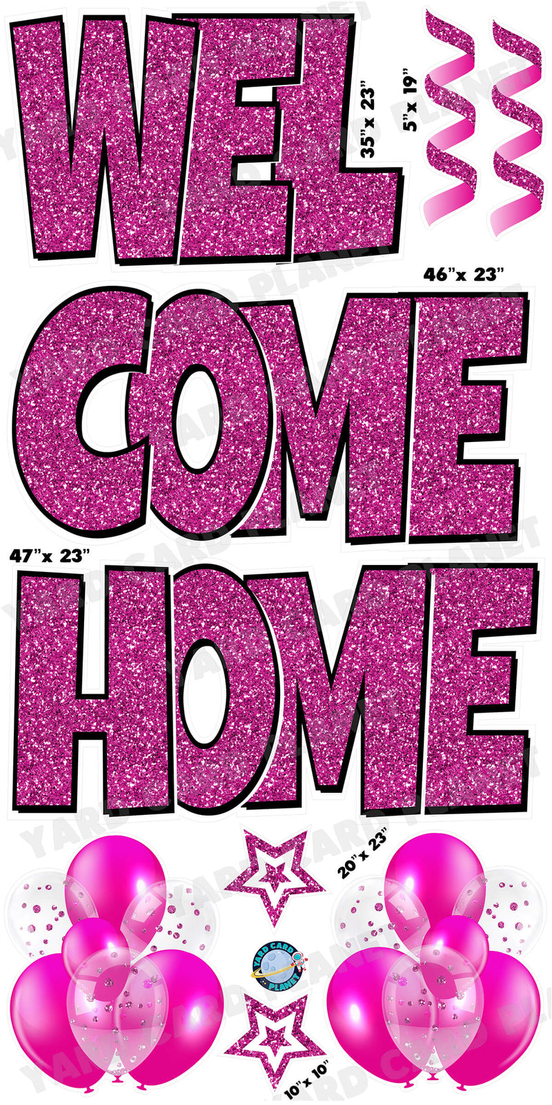 Large 23" Welcome Home Yard Card EZ Quick Sets in Luckiest Guy Font and Flair in Hot Pink Glitter Pattern