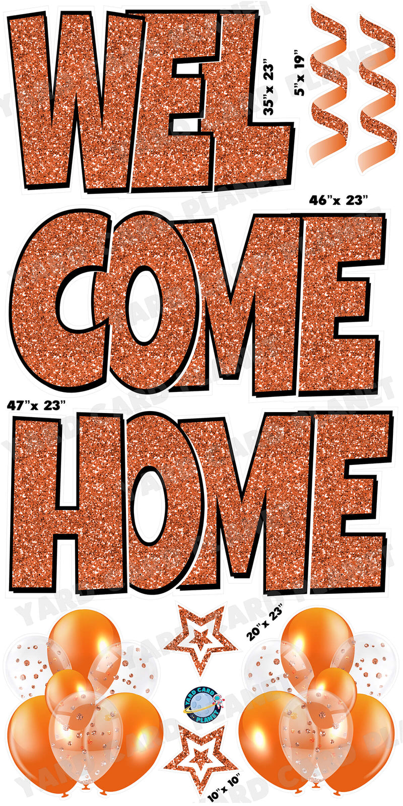 Large 23" Welcome Home Yard Card EZ Quick Sets in Luckiest Guy Font and Flair in Orange Glitter Pattern