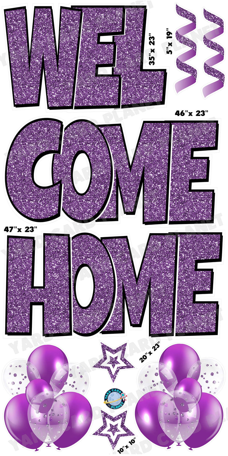 Large 23" Welcome Home Yard Card EZ Quick Sets in Luckiest Guy Font and Flair in Purple Glitter Pattern