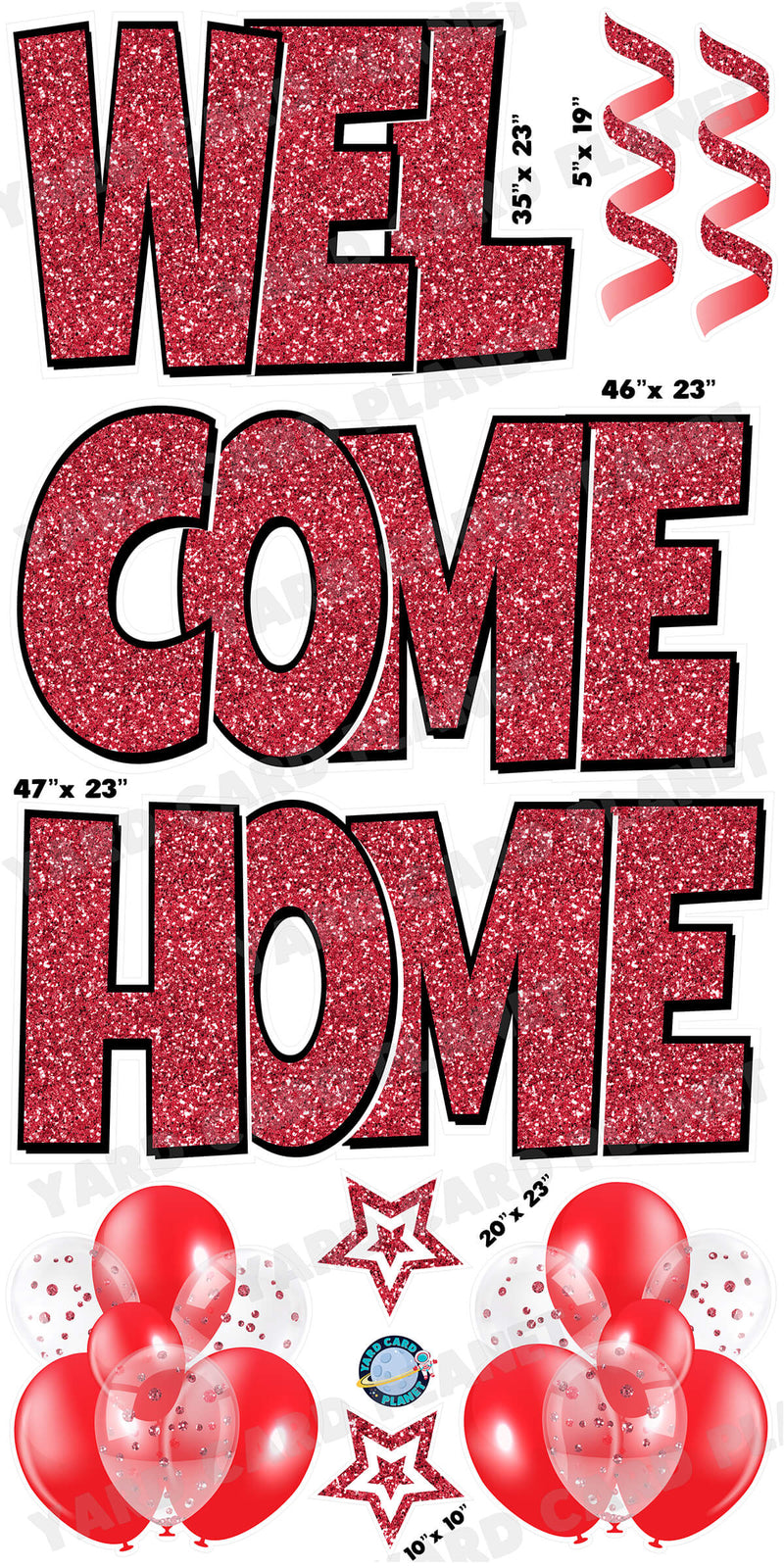 Large 23" Welcome Home Yard Card EZ Quick Sets in Luckiest Guy Font and Flair in Red Glitter Pattern
