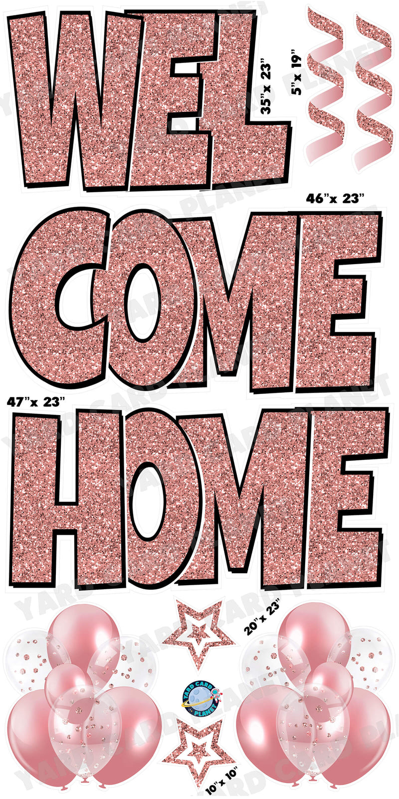 Large 23" Welcome Home Yard Card EZ Quick Sets in Luckiest Guy Font and Flair in Rose Gold Glitter Pattern