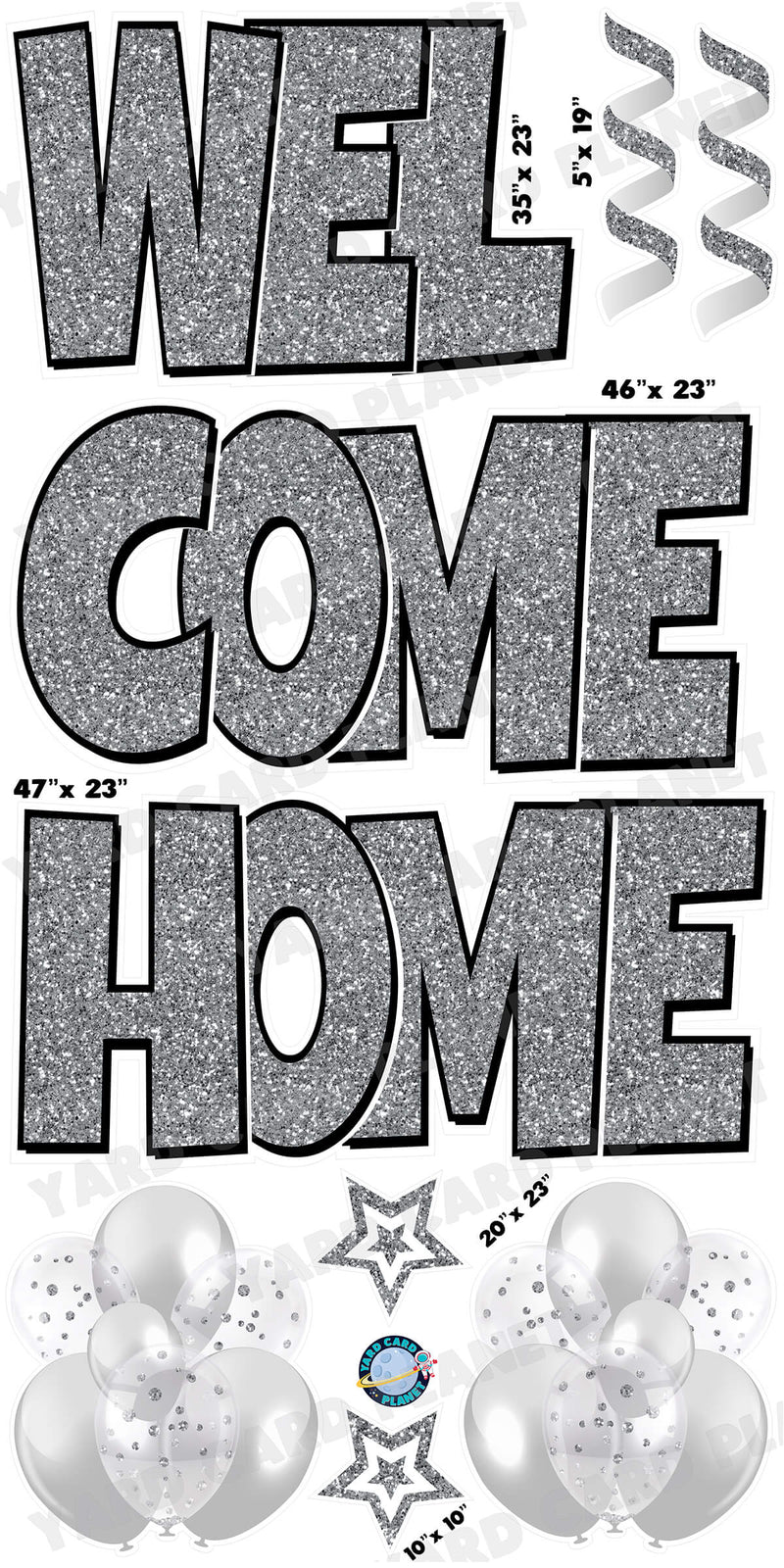 Large 23" Welcome Home Yard Card EZ Quick Sets in Luckiest Guy Font and Flair in Silver Glitter Pattern