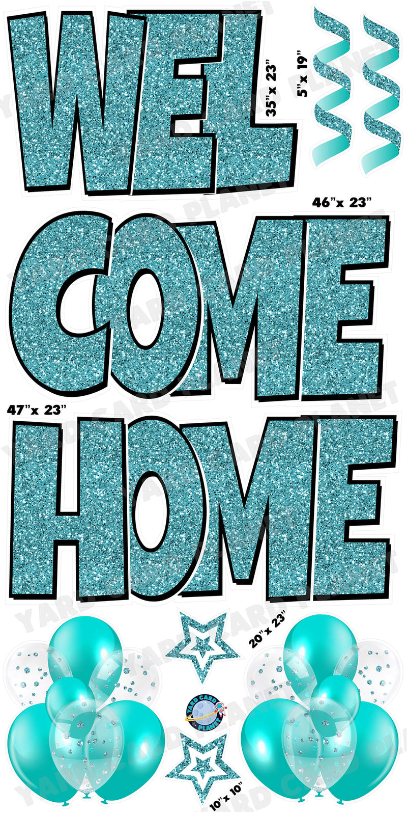 Large 23" Welcome Home Yard Card EZ Quick Sets in Luckiest Guy Font and Flair in Teal Glitter Pattern