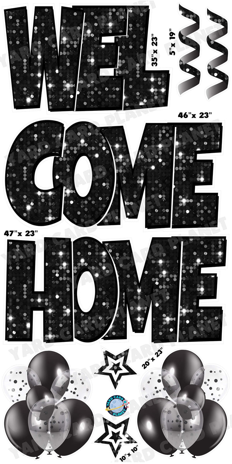 Large 23" Welcome Home Yard Card EZ Quick Sets in Luckiest Guy Font and Flair in Black Sequin Pattern