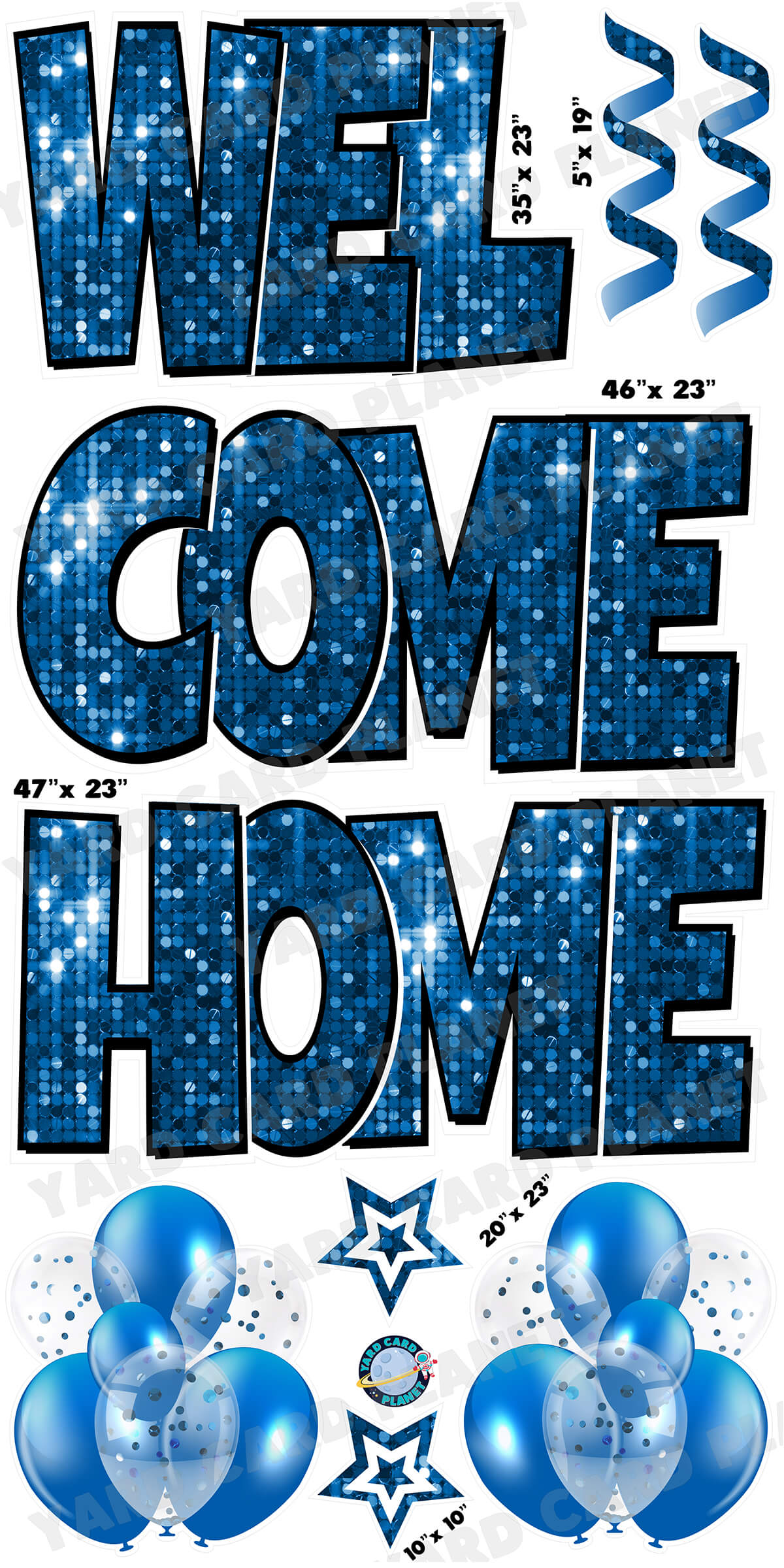 Large 23" Welcome Home Yard Card EZ Quick Sets in Luckiest Guy Font and Flair in Blue Sequin Pattern