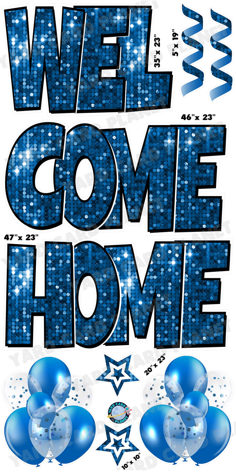 Large 23" Welcome Home Yard Card EZ Quick Sets in Luckiest Guy Font and Flair in Blue Sequin Pattern